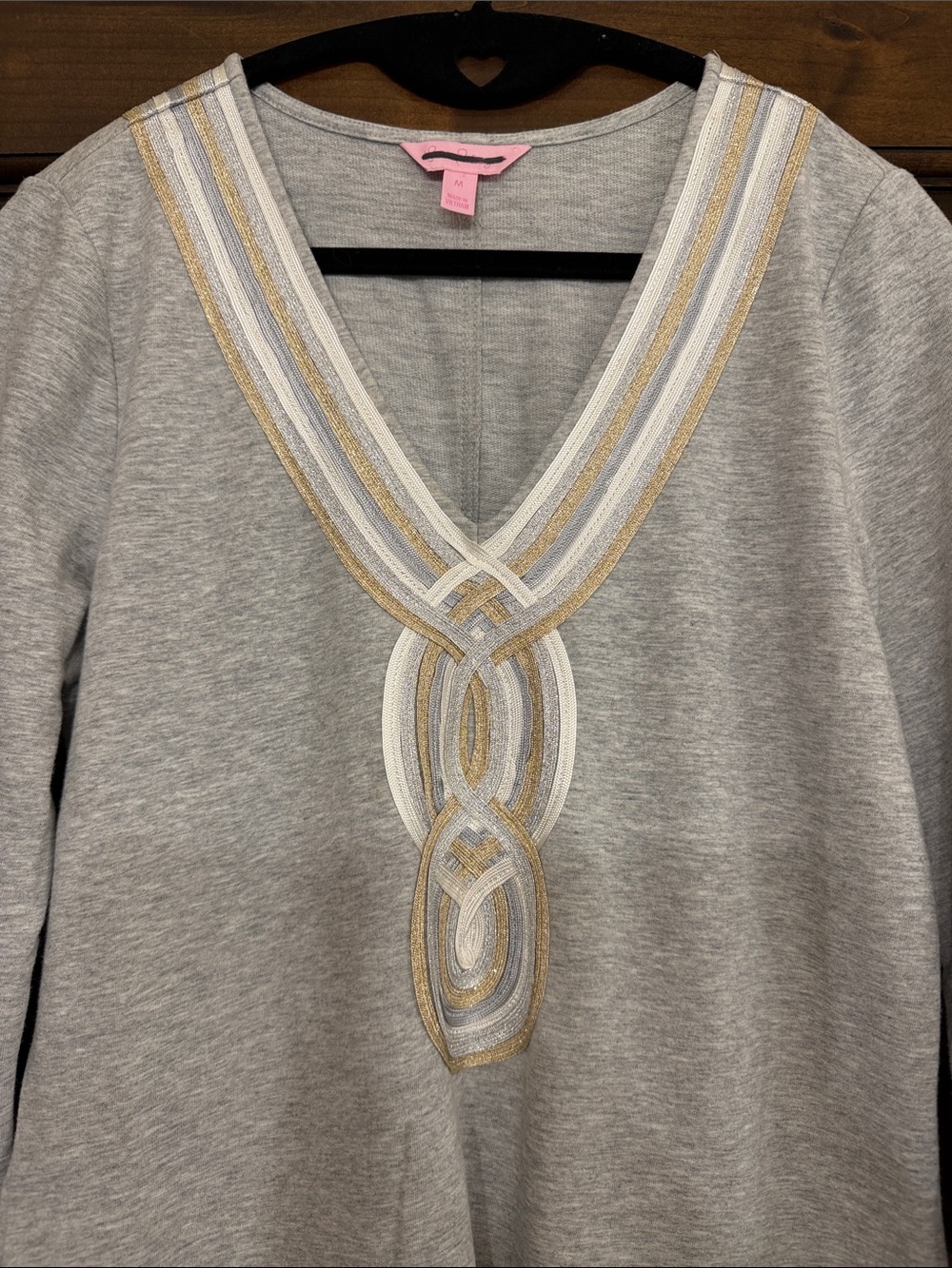 Lilly Pulitzer Light Gray Midi Dress with Gold-Trim V-Neck - Picture 2 of 3